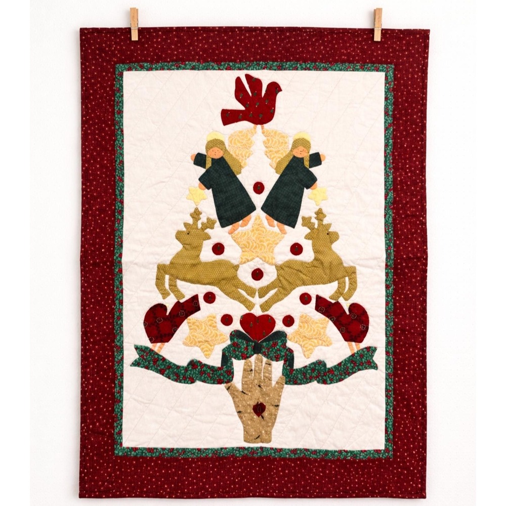 Vintage Christmas Applique Quilt Wall Hanging Angels Reindeer Folk Art 24x32